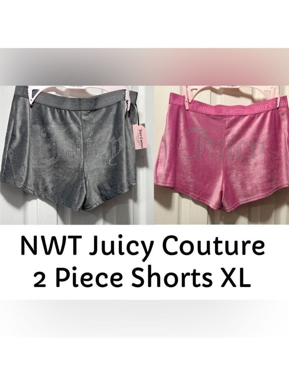NWT Juicy Couture 2 Piece Velour Ribbed Shorts with Bling Pink and Gray Size XL
